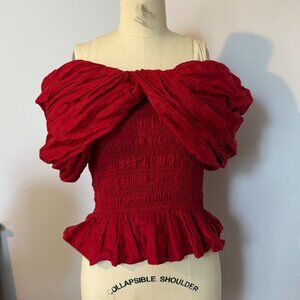 SEA New York Loren Cambric Off Shoulder Shirred Ruffle Ramie Top Red Size XS